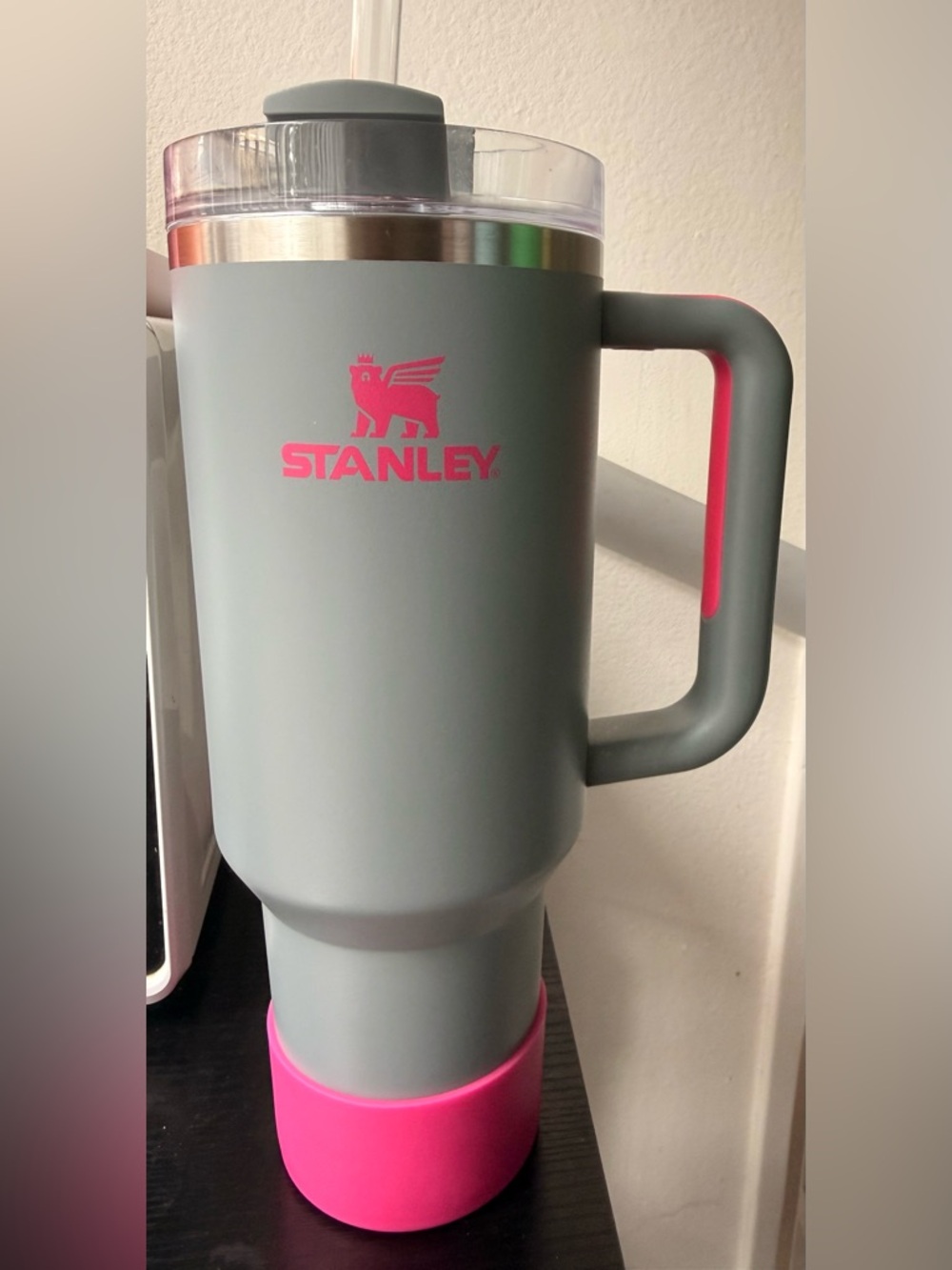 Stanley Gray Travel Mug with Pink Logo and Accents